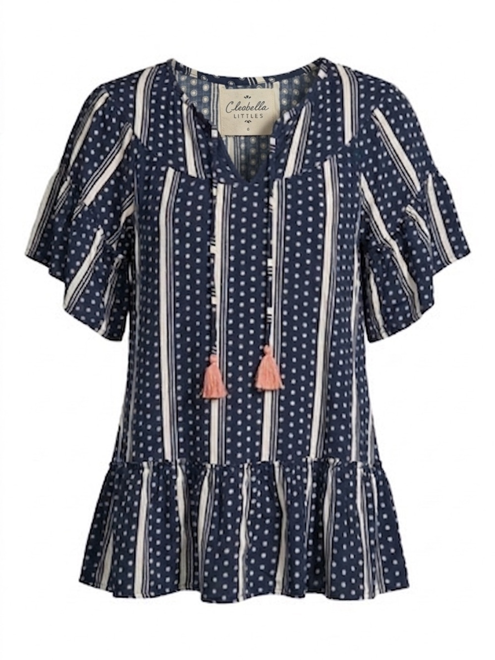 Cleobella Littles Boho Flutter Sleeve Dress Blue White Dot Stripe